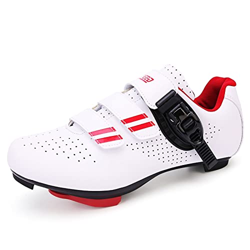 JUHUYP Herren Damen Fahrradschuhe Rennradschuhe Kompatibel mit Universal Cleats Pedalen für Indoor Outdoor Biking Clip Schuhe mit Look Delta Cleats Clip Pedal Weiß/Rot 37EU von JUHUYP