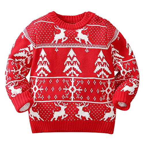 JUIYNIZT Baby Mädchen Jungen Langarm Sweater Weihnachtspullover Strickjacken Gestrickt Weihnachtshirsch Strickpullover Herbst Winter Pullis (Rot, 74-80) von JUIYNIZT