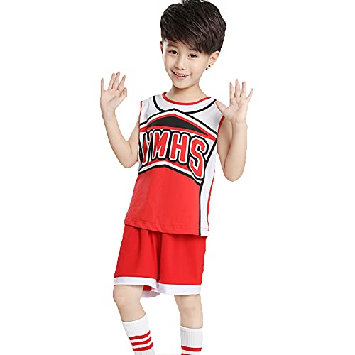 JUIYNIZT Kinder Cheerleader Kostüm befestigen Pom Poms Socken Cheer Outfit Karneval Kostüm (Rot Jungen, 134-140) von JUIYNIZT
