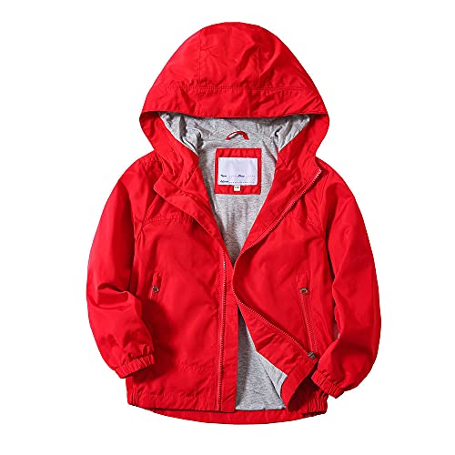 JUIYNIZT Kinder Jungen Einfarbige Jacke Übergangsjacke Warm Atmungsaktiv Winddicht Wanderjacke Regenjacke Outdoorjacke mit Kapuze(Rot, 134/140) von JUIYNIZT