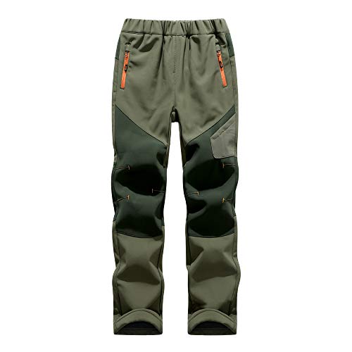 JUIYNIZT Kinder Softshellhose Gefüttert Warm Wanderhose Winddicht Skihose Fleecefütterung Trekkinghose Wasserdicht Outdoorhose mit Farbblock(Helles Armeegrün, 146-152) von JUIYNIZT