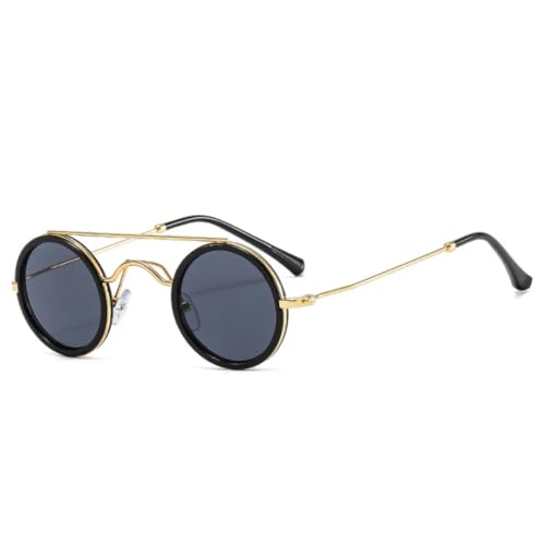 JUJNTNT Beliebte Mode Kleine Runde Sonnenbrille Damen Vintage Metall Punk Herren Klare Ozeanlinsen Shades UV400 (Schwarz Gold Grau) von JUJNTNT