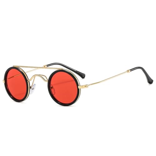 JUJNTNT Beliebte Mode Kleine Runde Sonnenbrille Damen Vintage Metall Punk Herren Klare Ozeanlinsen Shades UV400 (Schwarz Rot) von JUJNTNT