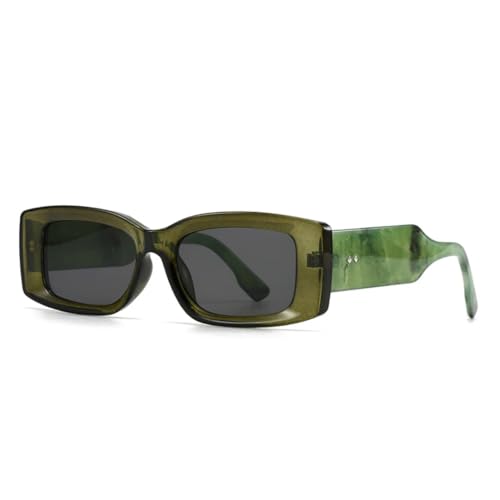 JUJNTNT Modische rechteckige Damen-Sonnenbrille im Retro-Stil, Bonbonfarben, klarer Farbverlauf, breite Beine, Nieten (dunkelgrün-grau) von JUJNTNT