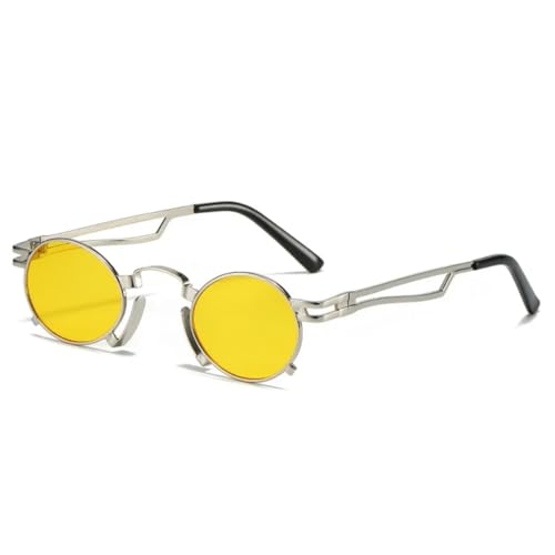 JUJNTNT Retro Kleine ovale Sonnenbrille für Damen und Herren, unregelmäßiger Metallrahmen, Punk, UV400 (Silbergelb) von JUJNTNT