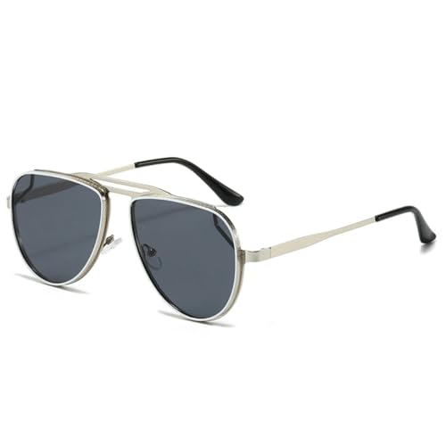 JUJNTNT Retro-Sonnenbrille im klassischen Metall-Stil mit Doppelsteg für Damen und Herren, verspiegelt, UV400 (Silbergrau) von JUJNTNT