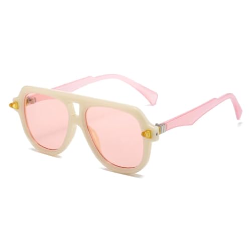 JUJNTNT Retro-Sonnenbrille mit Doppelsteg für Herren, UV400, modischer Farbverlauf, trendige Nieten für Damen (Beige, Pink, Pink) von JUJNTNT