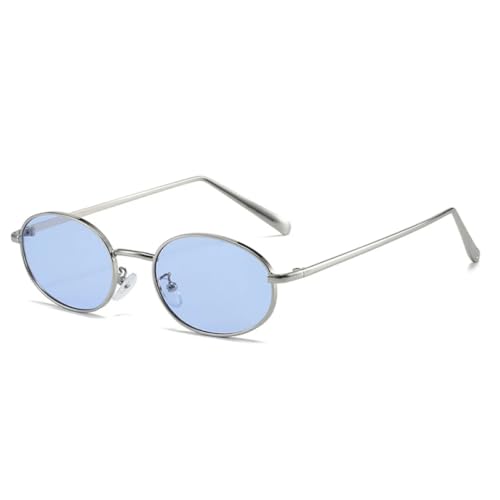 JUJNTNT Retro-Sonnenbrille mit kleinem ovalem Metallrahmen für Damen und Herren, UV400, Punk (Silberblau) von JUJNTNT