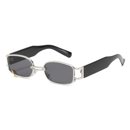 JUJNTNT Retro-Sonnenbrille mit rechteckigem Design für Damen und Herren, Punk-Metallring, UV400 (Silbergrau) von JUJNTNT