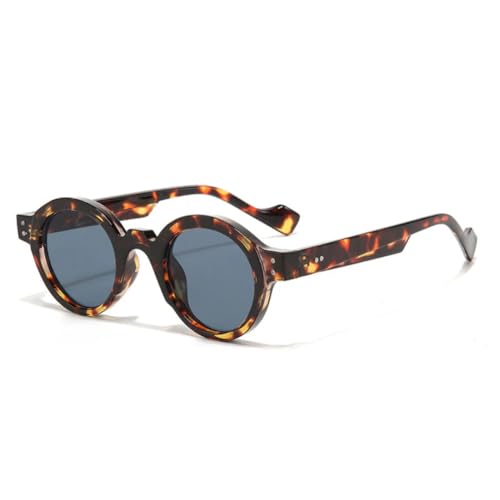 JUJNTNT Runde Sonnenbrille für Herren, Punk, zweifarbig, UV400, Retro-Nieten-Dekoration, Damen, trendiger Rahmen mit klaren Gläsern (Leopardengrau) von JUJNTNT