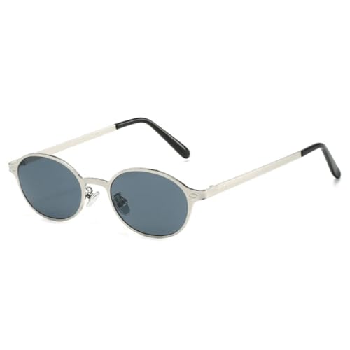 JUJNTNT Vintage Klassische Damen Kleine Ovale Sonnenbrille Mit Metallrahmen Mode Nieten Herren Punk Shades UV400 (Silbergrau) von JUJNTNT