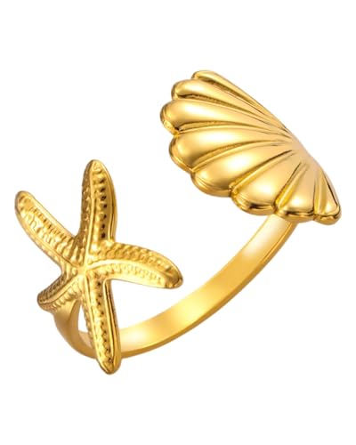 JUKOTA 1 Stück Seestern Offener Ring Statement Gold Stern Ring Vintage Gold Seestern Verstellbarer Ring Doppel Seestern Wickelring Persönlichkeit Stern Wickelring von JUKOTA