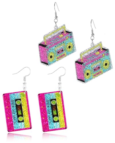 JUKOTA 2 Paar Retro Neon Ohrringe - 80er/90er Jahre Acryl Hängeohrringe für Mottoparty & Täglichen Stil - Inkl Retro-Kassetten Design(Damen/Mädchen) von JUKOTA