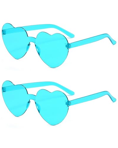 JUKOTA 2 Stück herzförmige Sonnenbrille, mehrfarbig, randlos, herzförmig, modisch, Herz, übergroße modische Sonnenbrille, Brillen für Damen, Seeblau von JUKOTA