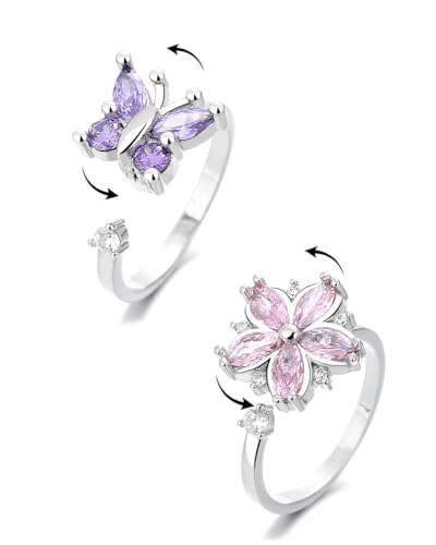 JUKOTA 2PCS Anxiety Ring Spinner Ringe Damen Silber Fidget Ring Set, Verstellbar Anti Stress Ring Mit Kristall Zirkon Blumen Schmetterling für MäDchen Herren Geburtstags-Party-Geschenke von JUKOTA