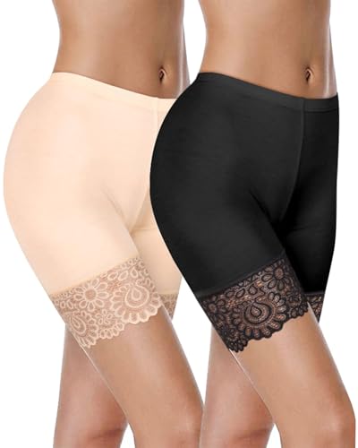 JUKOTA 2pcs Sicherheitshosen,shapewear damen hose,Unterhose Unter Rock Kurz Hose Anti-Chafing Spitze Shorts Sicherheit Panty Lace Leggings Kurze Tight mit Anti-Rutsch Spitzenrand,Geeignet für 50–70kg von JUKOTA