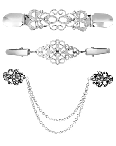 JUKOTA 3 Stück Cardigan Clips, 3 Stile Schal-Schnalle aus Zinklegierung Vintage Pullover Clips Kleider Clips Blusen Clips Broschen für Kleidung Silberne Strickjacke Clips für Damen und Mädchen von JUKOTA