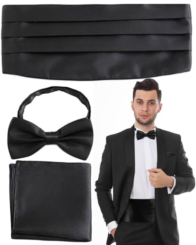 JUKOTA 3 Stück Set Kummerbund Herren Halloween Verstellbarer Kummerbund für Smoking Frack Anzug Hemd, Mit Fliege und Einstecktuch（schwarz） von JUKOTA