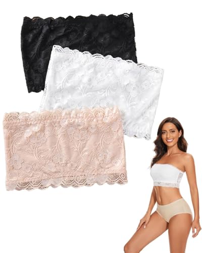 JUKOTA 3 Stücke Damen Blumen Lace Tube Top BH Bandeau Trägerlos BH Nahtlose Dehnbar Brust Wickeln(Schwarz + Weiß + Hautfarbe) von JUKOTA