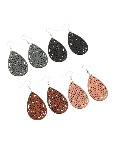 JUKOTA 4 Paar Damen aus langlebigem Edelstahl Mode Holz ausgehöhlt OhrringeTropfen Ohrringe Wassertropfen Ohrringe aus Holz Damen Ohrschmuck von JUKOTA