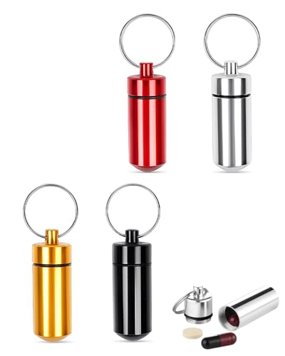 JUKOTA 4 Stück Pillendose Schlüsselanhänger WasserdichteTragbare Aluminium Pillenbox mit 4 Löffel Pillenhalter Tablettendose Organizer Pille Container für Camping Wandern Reisen Outdoor(4 Farben) von JUKOTA