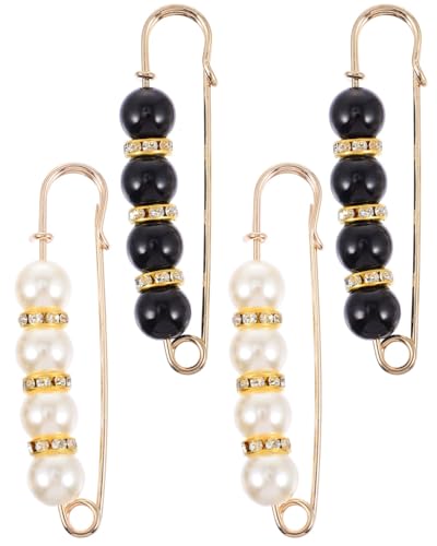 JUKOTA 4 Stück Weiß und Schwarz Broschen & Sicherheitsnadeln Set - Strass Verzierter Ausschnitt Clip für Damenkleidung - Für Pullover,Schal,Rock&Brautkleid(Perlen Design) von JUKOTA