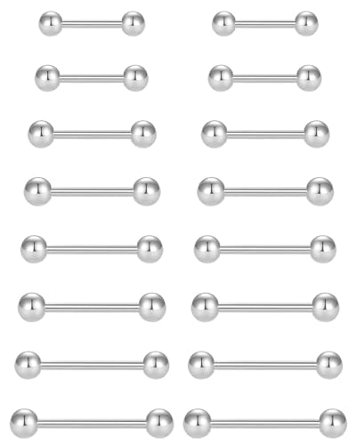 JUKOTA Barbells,16pcs 8Größen,Brustwarzenpiercing Zungenpiercing 14G Chirurgenstahl Straight Barbells Zungenring Nippel Shield Ring Piercing Schmuck Stab,Geeignet für Männer und Frauen von JUKOTA