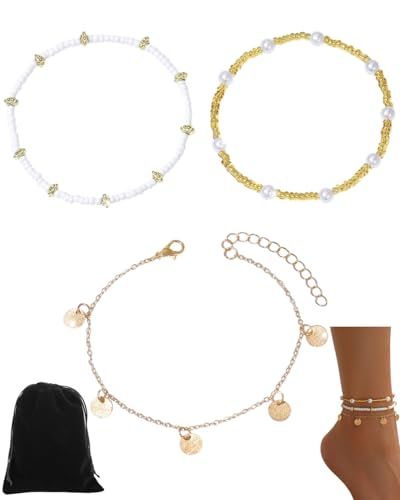 JUKOTA Muschelkette damen Fußkettchen Set für Damen, Gold Boho Perlen Verstellbares Fußkettchen, Hawaii Strand Muschel Perlen Herz Seestern Kamm Fuß Schmuck von JUKOTA