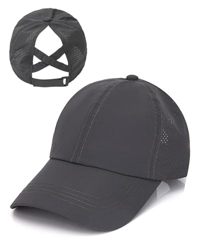 JUKOTA Pferdeschwanz Baseballkappe Damen Sommer Einstellbare Schnell trocknende Masche Atmungsaktiv Baseballmütze Unisex Criss Cross Hüte Sport Mütze - Dunkelgrau von JUKOTA