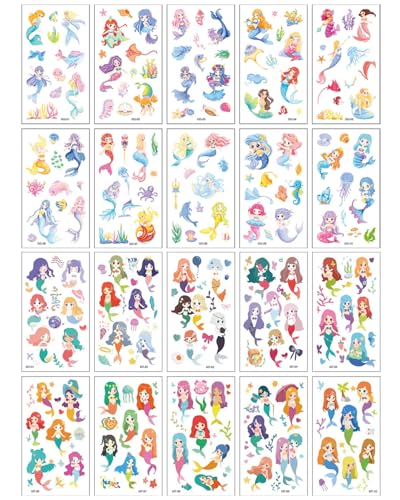 JUKOTA Temporäres Tattoo Kinder,20 Blätter Meerjungfrau Tattoos für Jungen Mädchen,Schultütenfüllung,Wasserfeste Cartoon Kindertattoos,Kindergeschenke für Geburtstagsfeiern,Halloween,Weihnachten von JUKOTA