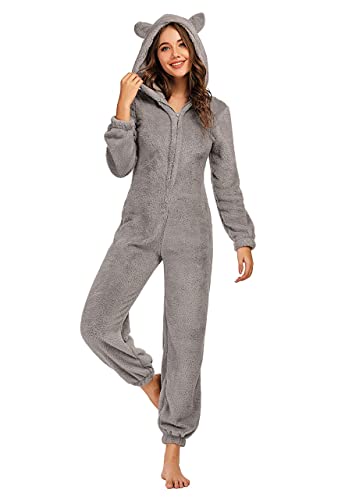 JULGIRL Damen-Fleece-Einteiler, Flauschiger Pyjama, langärmelig, einteilig, mit Reißverschluss, warme Kapuze, Plüsch-Nachtwäsche von JULGIRL