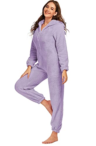 JULGIRL Damen-Fleece-Einteiler, Flauschiger Pyjama, langärmelig, einteilig, mit Reißverschluss, warme Kapuze, Plüsch-Nachtwäsche von JULGIRL