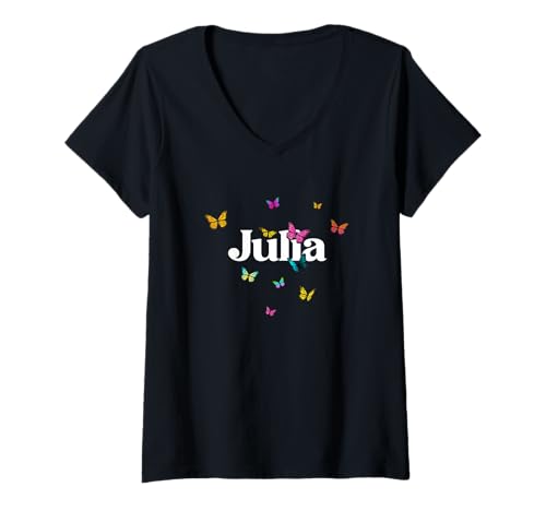 Damen JULIA - Schöner Mädchen Name mit bunten Schmetterlingen T-Shirt mit V-Ausschnitt von JULIA Tochter Enkel Geburtstag Geschenkideen
