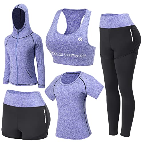 JULY'S SONG Yoga Kleidung Anzug 5er-Set Trainingsanzug Laufbekleidung Gym Fitness Kleidung (Lila, XL) von JULY'S SONG