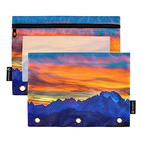 JUMBEAR 3 Ringbuchtaschen, 2 Stück, Sonnenuntergang, Berggipfel, Landschaft, Reißverschluss, Bindertaschen für Büro, Uni, Schulbedarf, Kosmetik, a, 9.8 x 7 inches, Taschen-Organizer von JUMBEAR