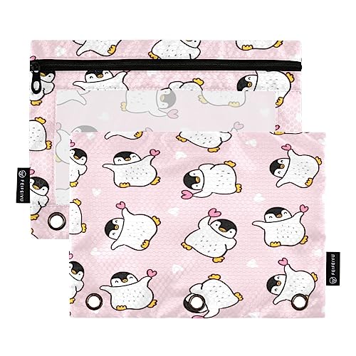 JUMBEAR 3 Ringbuchtaschen, 2 Stück, niedlicher Cartoon-Pinguin, Reißverschluss, Bindertaschen für Büro, Uni, Schule, Kosmetik, 2 Stück, a, 9.8 x 7 inches, Taschen-Organizer von JUMBEAR