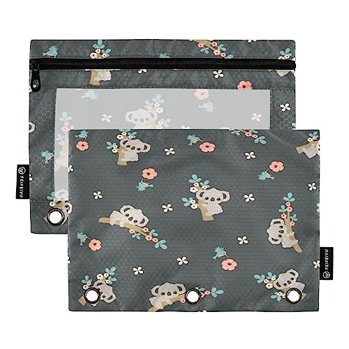 JUMBEAR 3 Ringbuchtaschen, 2 Stück, schwarz, Koala-Blumenmuster, Reißverschluss, Bindertaschen für Büro, Uni, Schule, Kosmetik, 2 Stück, a, 9.8 x 7 inches, Taschen-Organizer von JUMBEAR