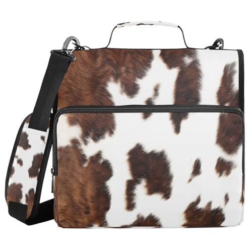 JUMBEAR Aktenordner mit Reißverschluss, Kuhmotiv, mit Schultergurt, 3,8 cm O-Ringe, erweiterbarer Aktenordner, mehrere Taschen, Kapazität 600 Blatt, Weiß / Braun von JUMBEAR