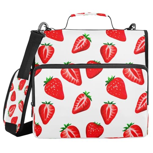 JUMBEAR Aquarell-Erdbeeren-Ordner mit Reißverschluss, mit Schultergurt, 3,8 cm O-Ringe, Fächermappe, mehrere Taschen, Kapazität 600 Blatt von JUMBEAR