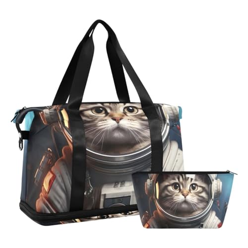 JUMBEAR Astronauten-Katzen-Sporttasche mit Nasstasche, Reisetasche für Damen und Herren, große Kapazität, Reisetasche mit Schultergurt, für Fitnessstudio, Reisen, Schwimmen, a, 48×22×39.5cm von JUMBEAR