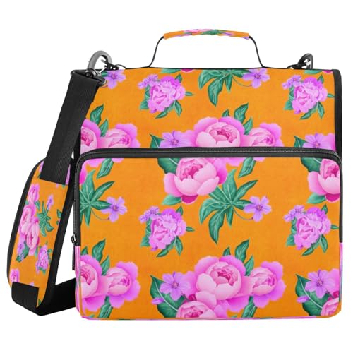 JUMBEAR Beautiful Peonies Ordner mit Reißverschluss, mit Schultergurt, 3,8 cm O-Ringe, Fächermappe, mehrere Taschen, Kapazität 600 Blatt von JUMBEAR