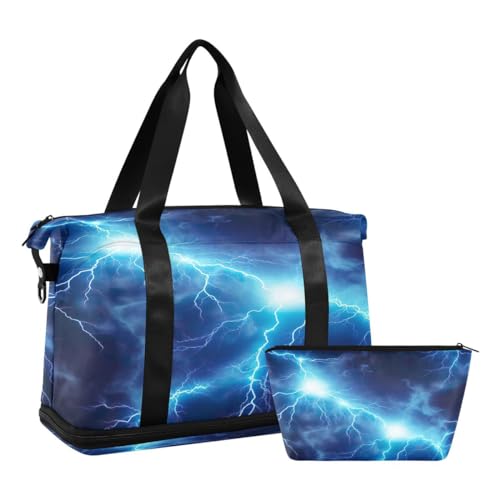 JUMBEAR Blue Lightning Sporttasche mit Nasstasche, Reisetasche für Damen und Herren, große Kapazität, Reisetasche mit Schultergurt, für Fitnessstudio, Reisen, Schwimmen, a, 48×22×39.5cm von JUMBEAR