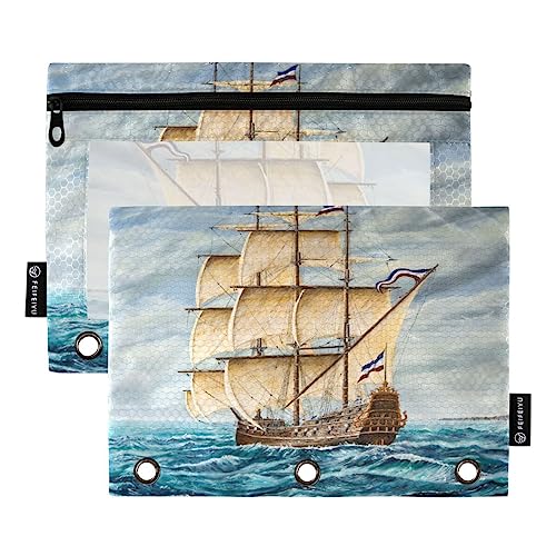 JUMBEAR Blue Sea Segelboot 3 Ringbuchtaschen, 2 Stück, mit Reißverschluss, für Büro, Uni, Schule, Kosmetik, 2 Stück, a, 9.8 x 7 inches, Taschen-Organizer von JUMBEAR