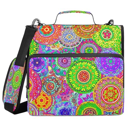JUMBEAR Boho-Mandala-Ordner mit Reißverschluss, mit Schultergurt, 3,8 cm O-Ringe, Fächermappe, mehrere Taschen, Kapazität 600 Blatt von JUMBEAR