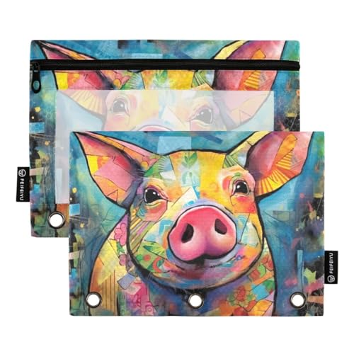 JUMBEAR Bunte Art Pig Bindertaschen für 3-Ring-Ordner, 2 Stück, mit Reißverschluss, Federmäppchen, Bindertaschen für Büro, Uni, Schulbedarf, Kosmetika von JUMBEAR