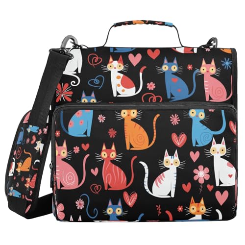 JUMBEAR Bunte Katzen-Ordner mit Reißverschluss, mit Schultergurt, 3,8 cm O-Ringe, erweiterbarer Aktenordner, mehrere Taschen, Kapazität 600 Blatt von JUMBEAR
