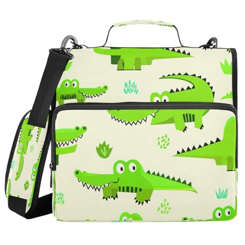 JUMBEAR Cartoon-Krokodil-Reißverschluss-Mappe mit Schultergurt, 3,8 cm O-Ringe, Fächermappe, mehrere Taschen, Kapazität 600 Blatt von JUMBEAR