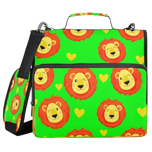 JUMBEAR Cartoon-Löwen-Ordner mit Reißverschluss, mit Schultergurt, 3,8 cm O-Ringe, erweiterbarer Aktenordner, mehrere Taschen, Kapazität 600 Blatt von JUMBEAR