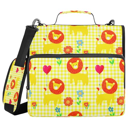 JUMBEAR Cartoon-Löwen-Ordner mit Reißverschluss, mit Schultergurt, 3,8 cm O-Ringe, erweiterbarer Aktenordner, mehrere Taschen, Kapazität 600 Blatt von JUMBEAR