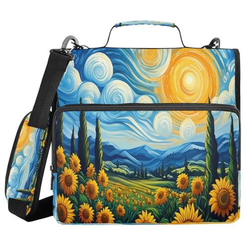 JUMBEAR Ein lebendiges Sonnenblumenfeld-Reißverschlussbuch mit Schultergurt, 3,8 cm O-Ringe, Fächermappe, mehrere Taschen, Kapazität 600 Blatt von JUMBEAR